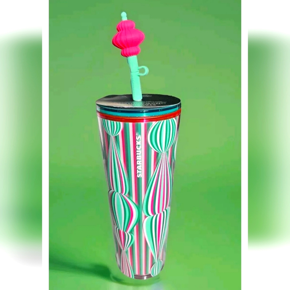 NWT Starbucks 2024 Holiday Striped Holiday Ornament Ball Straw Topper Tumbler